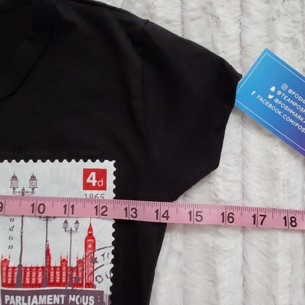 UK London multicolor scenic stamp landmark graphics black cap sleeve tee XS SM - Picture 5 of 8
